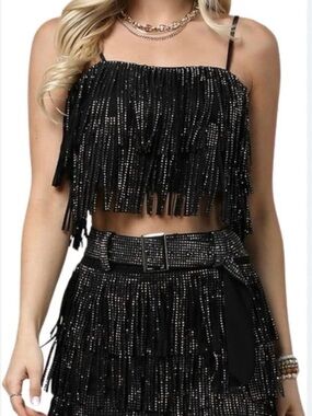 Black Rhinestone Fringe Crop Top & Skirt Set